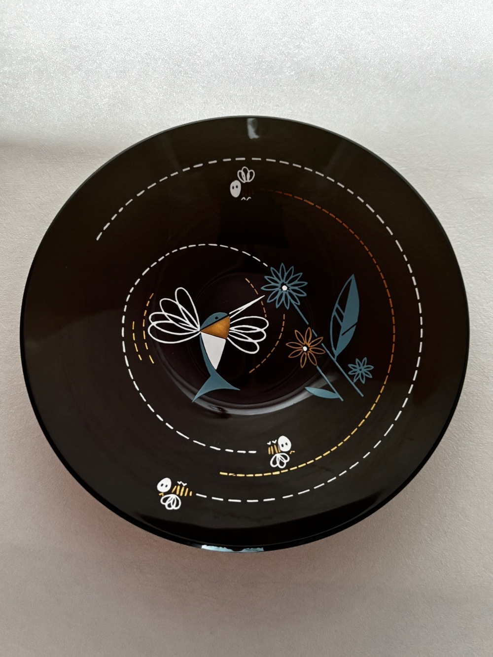 Vintage Smoked Glass Bowl With Stylized Hummingbird/Flowers/Bees